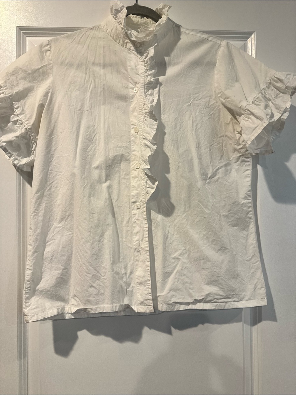 Ruffled Short-Sleeve Button-Up Top - White